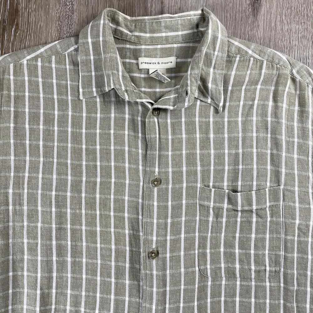 Vtg Preswick & Moore Linen Blend Short Sleeve Shirt Men's L Beige Gingham Plaid